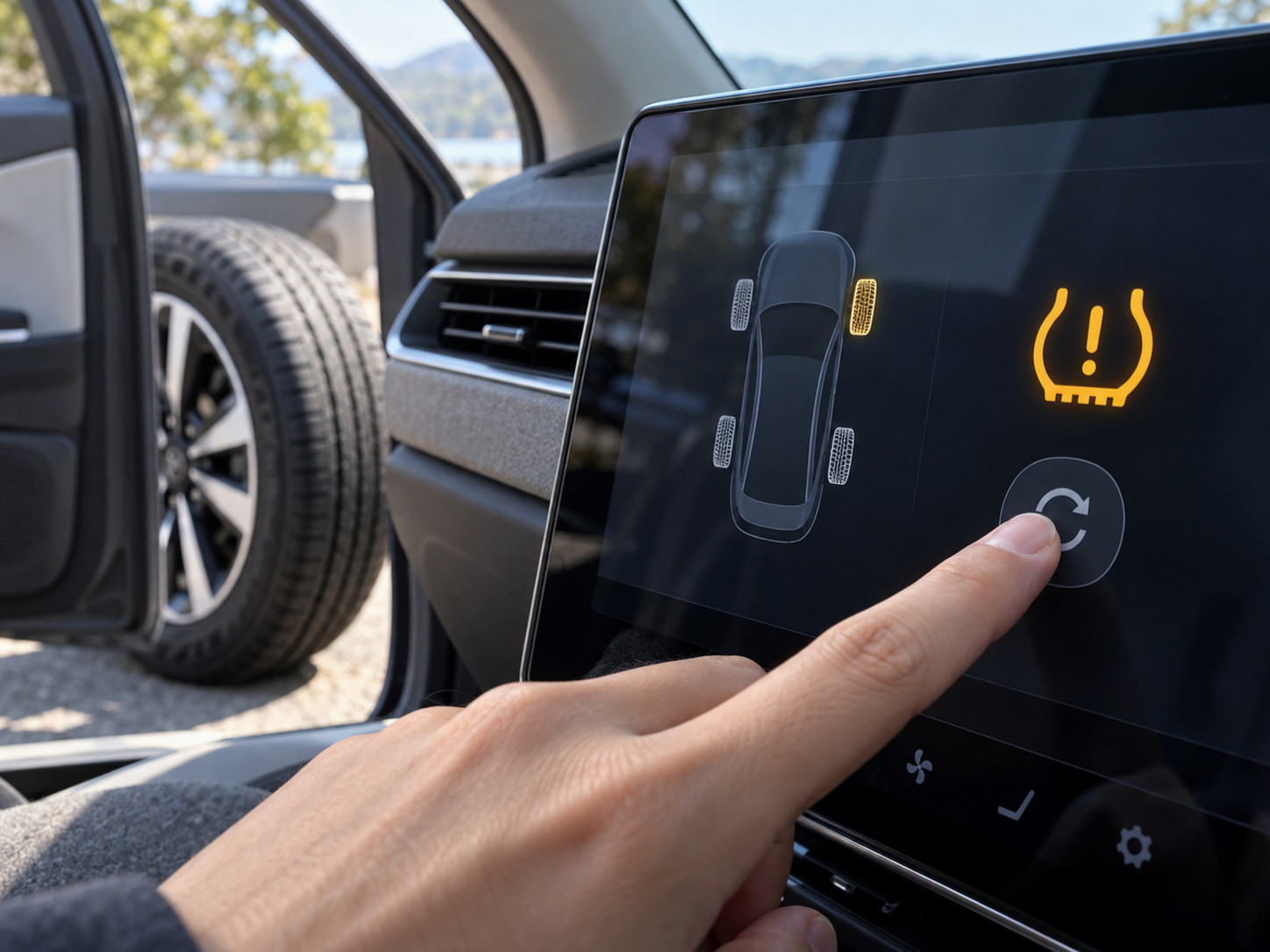 전기차 설정 화면에서 권장 공기압 확인 후 TPMS 초기화를 실행하는 장면